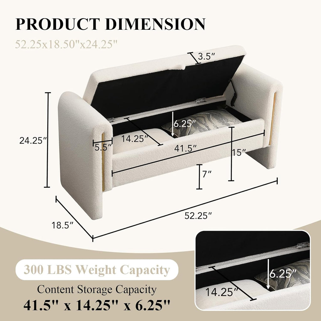 Storage Ottoman Bench, End of Bed Bench with Pull-Ring | 52" Teddy Upholstered, Window Bench with Armrest, Generous Storage, Safety Hinge, Holds 300 LBS, for Bedroom, Cream