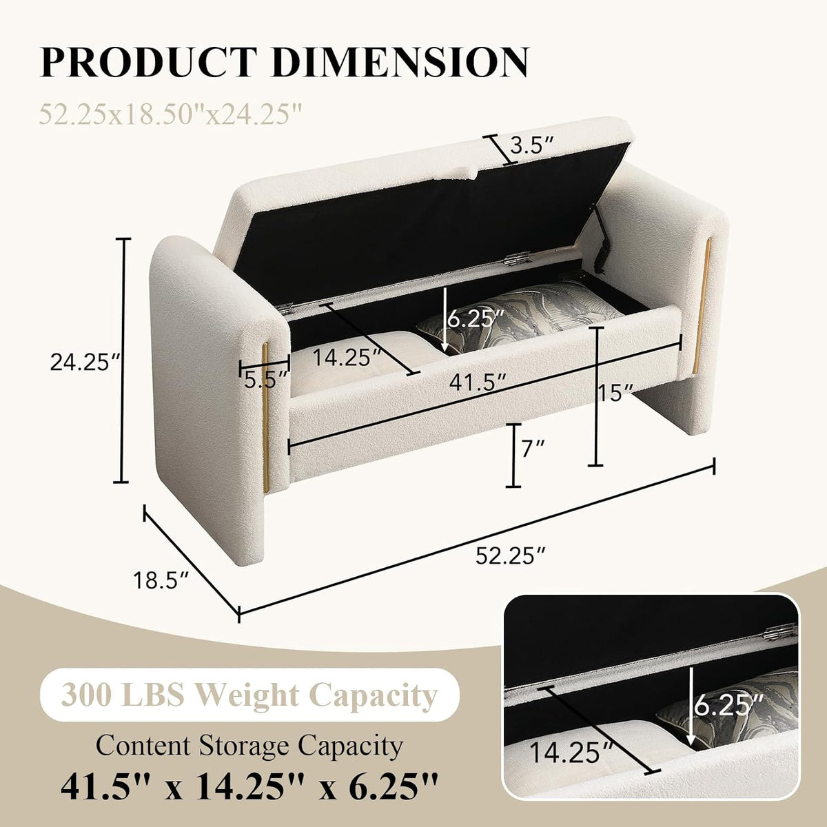 Storage Ottoman Bench, End of Bed Bench with Pull-Ring | 52" Teddy Upholstered, Window Bench with Armrest, Generous Storage, Safety Hinge, Holds 300 LBS, for Bedroom, Cream