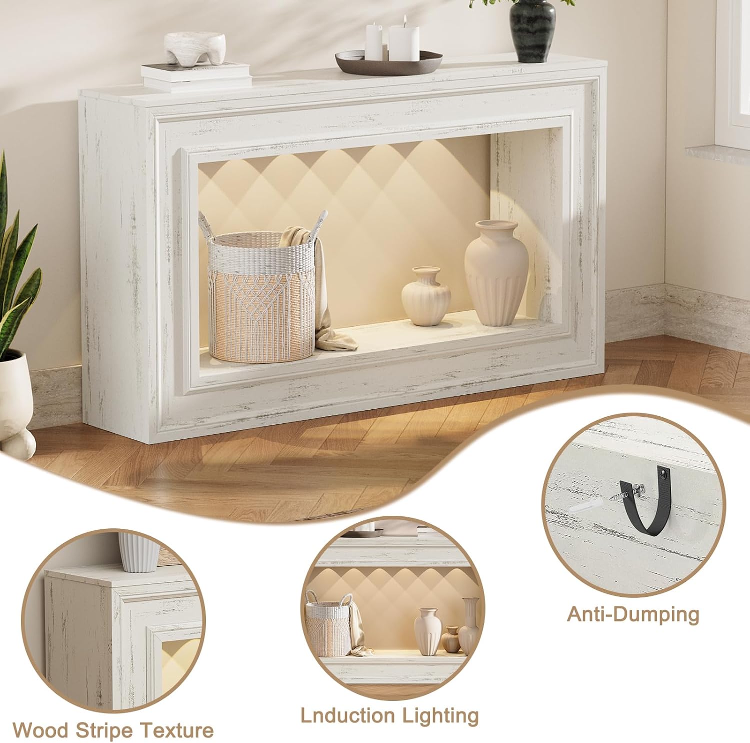 Rresyet 55" Narrow Entryway Console Table with LED Lights & Storage, White