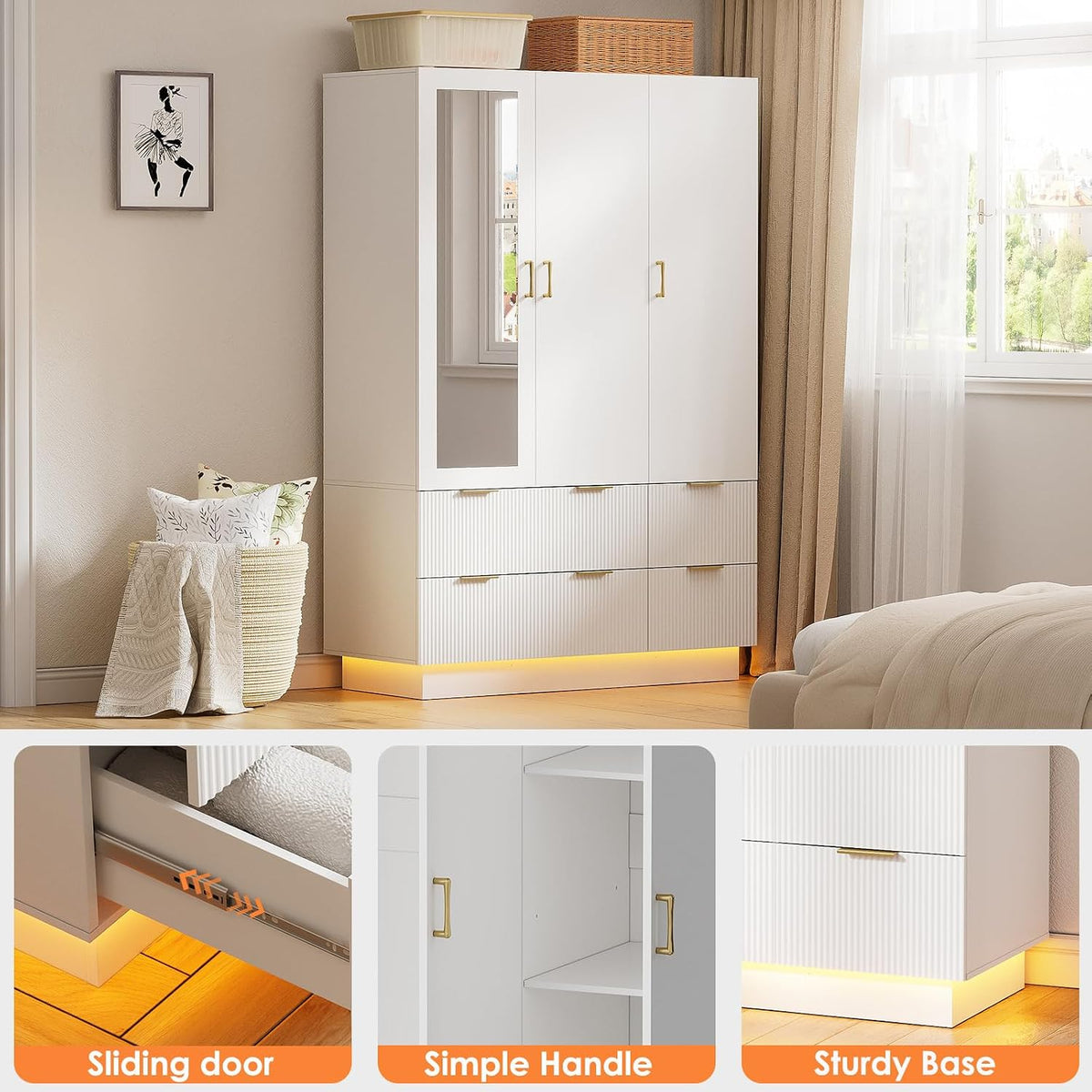 PAKASEPT Armoire Wardrobe Closet with 3 Door, Mirror, LED Lights | Hanging Rod, Drawers, Bedroom Armoires - Large Capacity Storage Wardrobe Armoire for Bedroom
