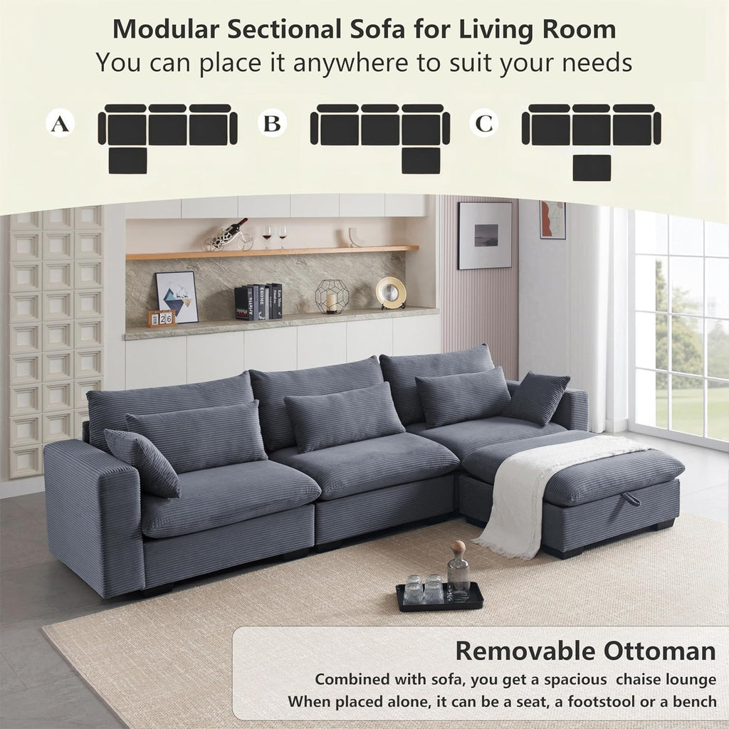 asunflower Modular Sectional Sofa for Living Room, 122.5" 3-Seat U-Shaped Cloud Couch with 2 Storage Ottomans, Easy Assembly Corduroy Couch with Deep Seat for Bedroom, Apartment, Dark Grey
