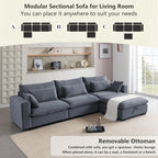 asunflower Modular Sectional Sofa for Living Room, 122.5" 3-Seat U-Shaped Cloud Couch with 2 Storage Ottomans, Easy Assembly Corduroy Couch with Deep Seat for Bedroom, Apartment, Dark Grey
