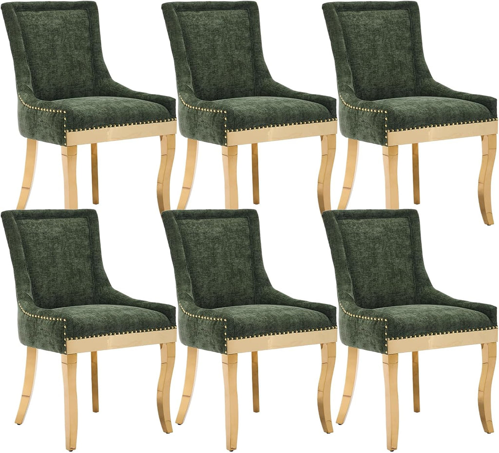 Olive Green Upholstered Dining Chairs Set of 6, Gold Stainless Steel Legs | High back; nailhead trim; modern style; 400 lb capacity dining chairs for Kitchen; easy assembly;accent kitchen chairs
