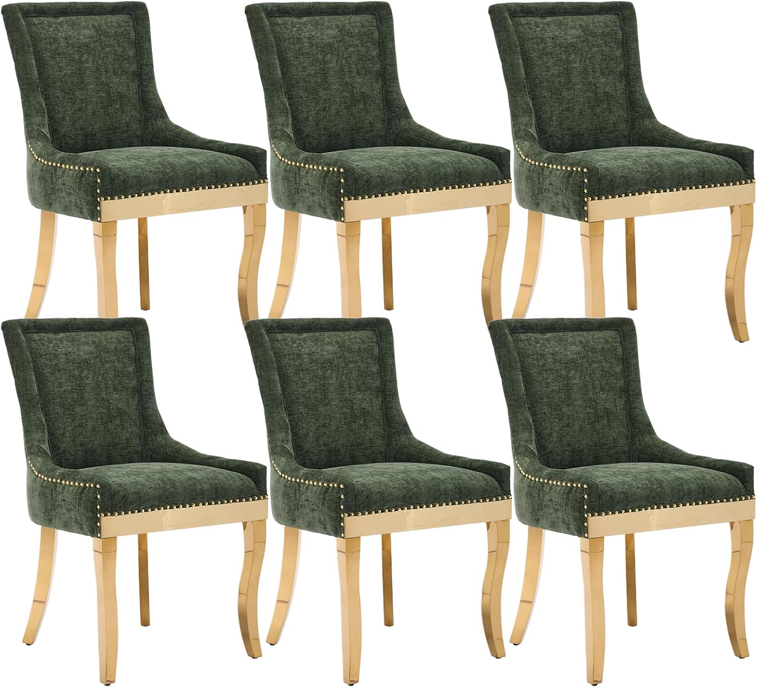 Olive Green Upholstered Dining Chairs Set of 6, Gold Stainless Steel Legs | High back; nailhead trim; modern style; 400 lb capacity dining chairs for Kitchen; easy assembly;accent kitchen chairs