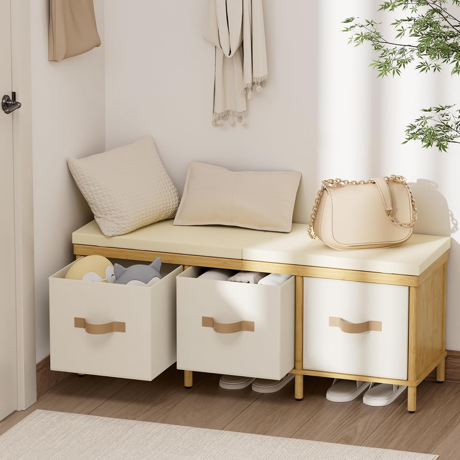 Shoe Bench, 43.3" Storage Bench, Entryway Bench with Cushion Seat | Natural Bamboo Bench with Storage, Easy Assembly, End of Bench with Drawers, Storage Organizer for Bedroom/Entryway/Closet