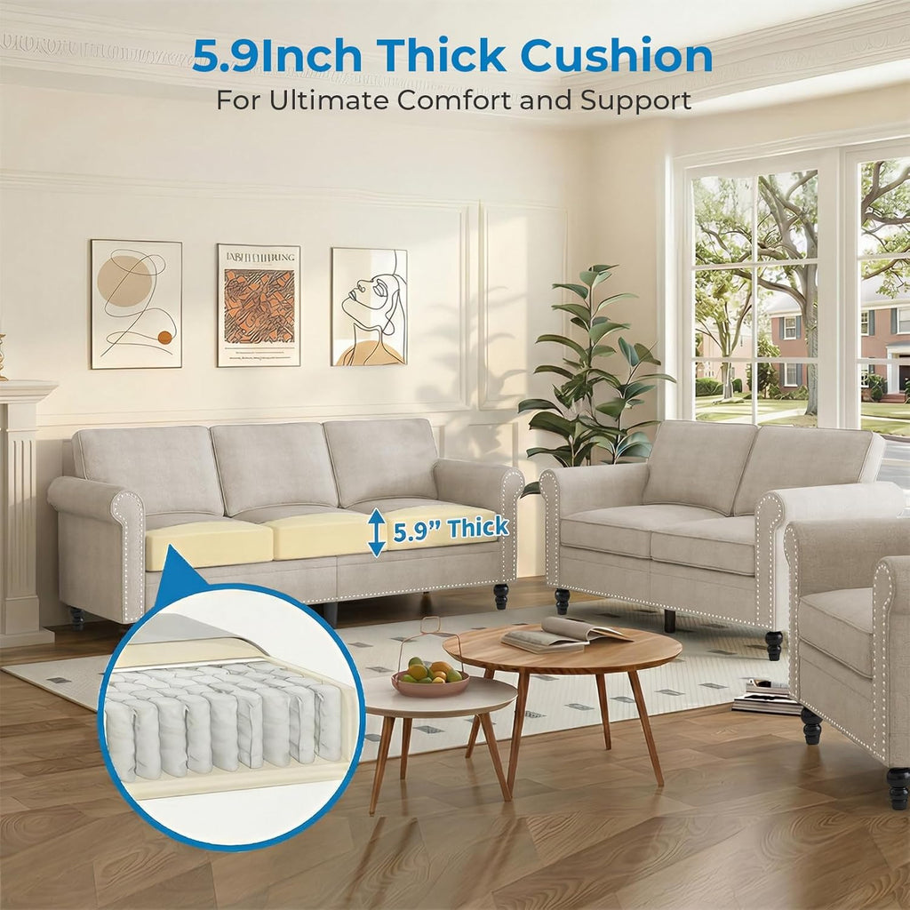 Mjkone 3 Pieces Living Room Sofa Set, Modern Sectional Sofa Couch and Loveseat & Armchair Set, Gourd Shape Wood Legs & Linen Fabric & Nailhead Trim Design Sofas Couches for Living Room, Beige