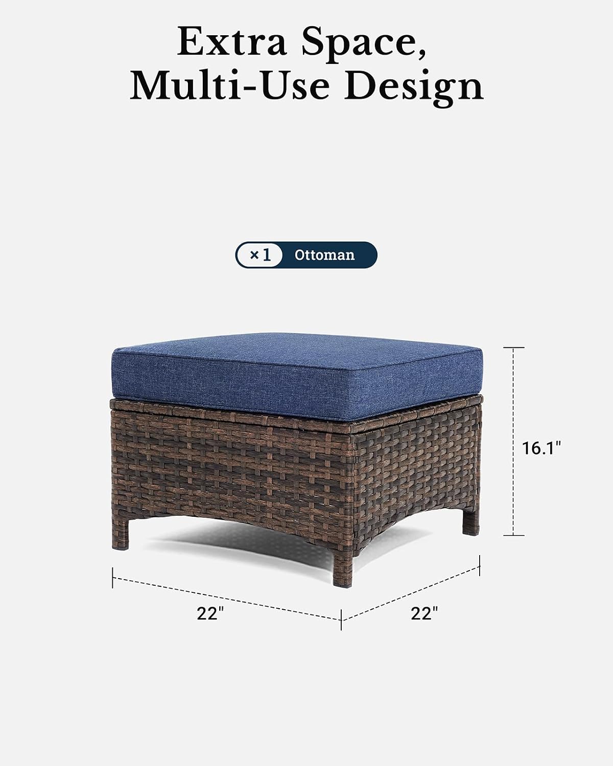 HILLGA 2PCS Outdoor Ottomans for Patio, Outdoor Footstools with Steel Frame | 2PCS, Wicker Ottoman, Patio Foot Rest, Premium Wicker, Comfortable Cushions, Garden Porch Backyard Deck (Blue)