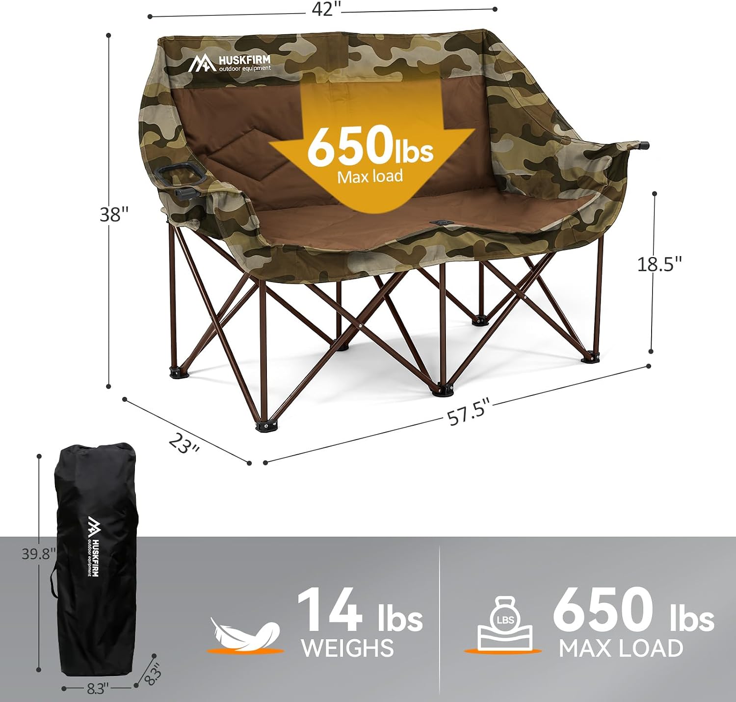 Double Camping Chairs Oversized Loveseat - 2 Person Camping Chair Portable Lawn Folding Chair for Outside Adults - Heavy Duty Outdoor Camping Couch with Cup Hold, Camouflage