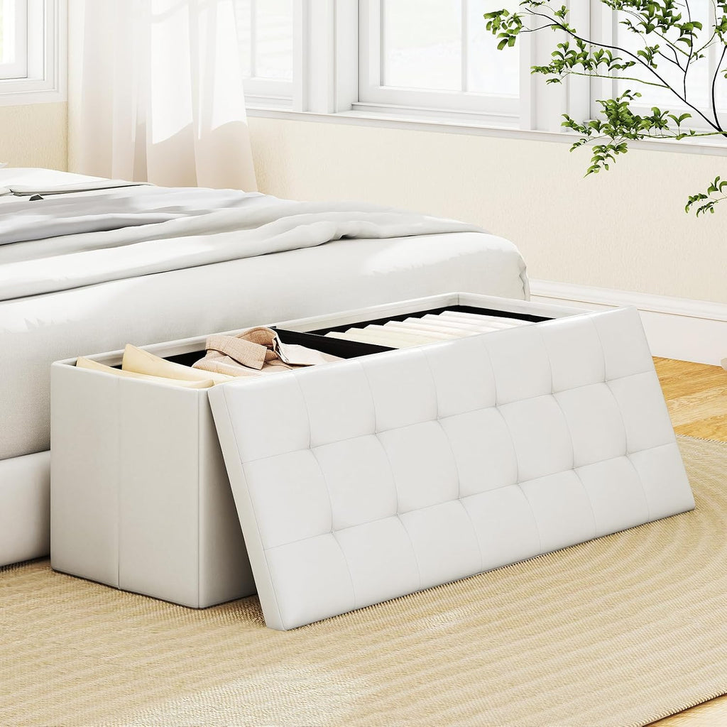 GOFLAME 43 Inches Folding Storage Ottoman Bench, PU Leather End of Bed Bench with Padded Seat and Side Pocket, Large Foot Rest Stool, Storage Chest for Entryway, Living Room, Bedroom, White