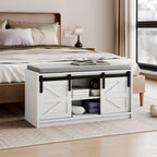 Mondeer Shoe Storage Bench, 2-Tier Farmhouse Entryway Bench with Sliding Barn Door Storage Cabinets & Removable Seat Cushion, for Entryway Hallway Bedroom, 90 x 45 x 35 cm, White
