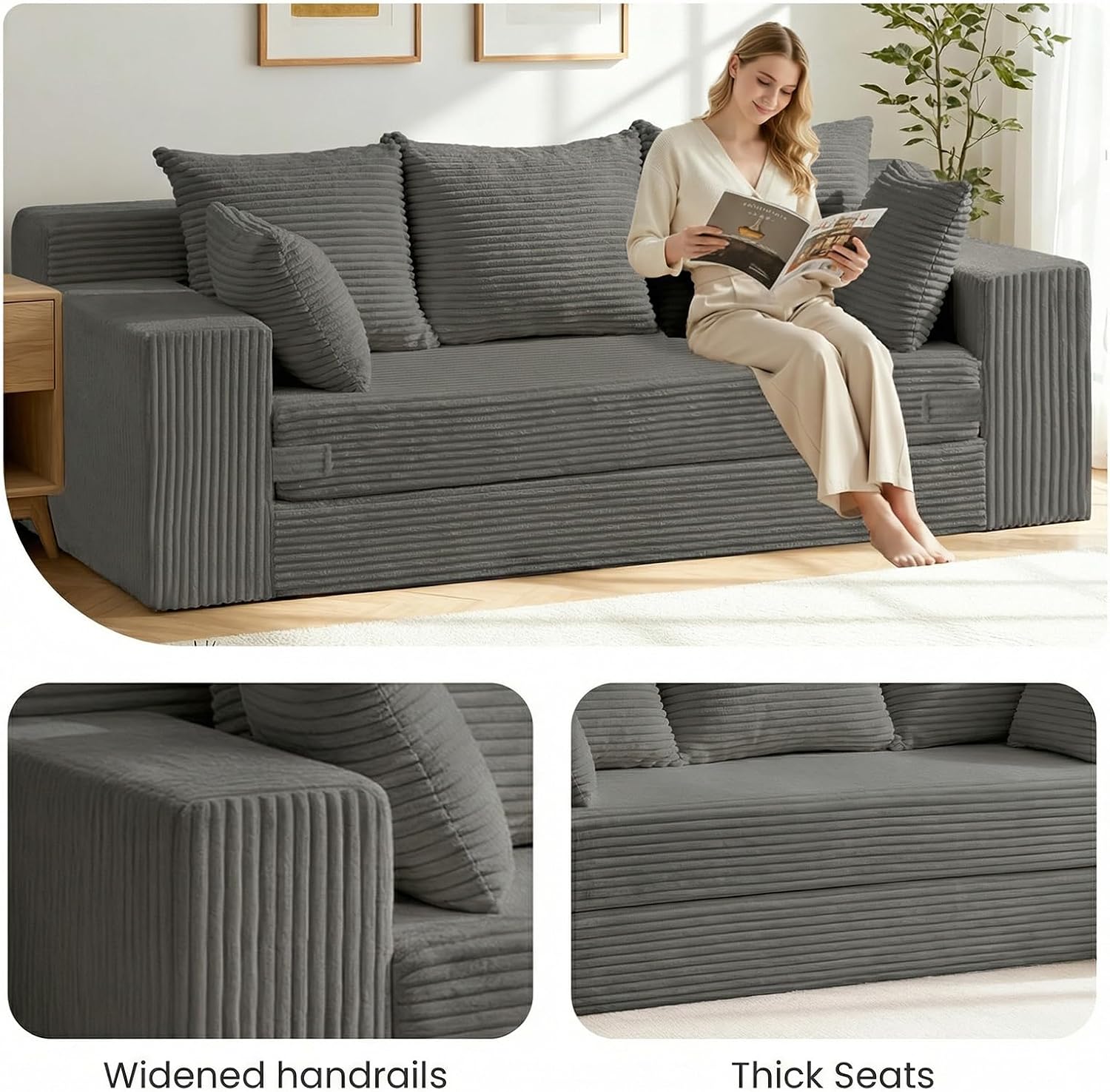 Oversized Loveseat, 3 Seater Pull Out Convertible Sofa Bed, 70" Gray Couch Fold Out Floor Couch Sleeper Sofa with 5 Pillows for Living Room Bedroom Lounge Small Space