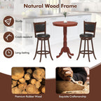 3 Piece Bar Table and Chairs Set, Round Counter Height Dining Table with Chessboard, 2 Upholstered Swivel Bar Stools, Rubber Wood Frame, Farmhouse Pub Table Set for Kitchen, Bistro