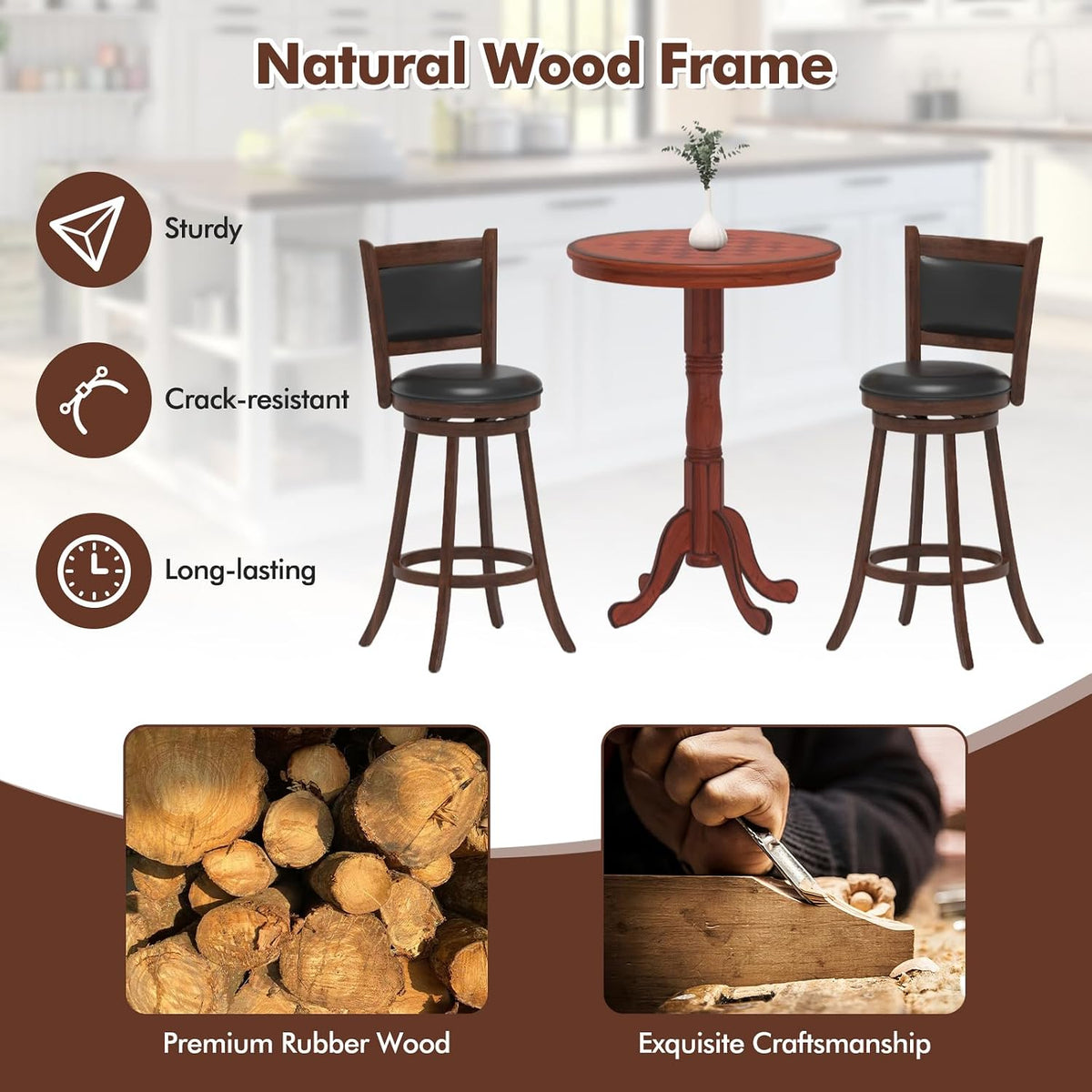 3 Piece Bar Table and Chairs Set, Round Counter Height Dining Table with Chessboard, 2 Upholstered Swivel Bar Stools, Rubber Wood Frame, Farmhouse Pub Table Set for Kitchen, Bistro