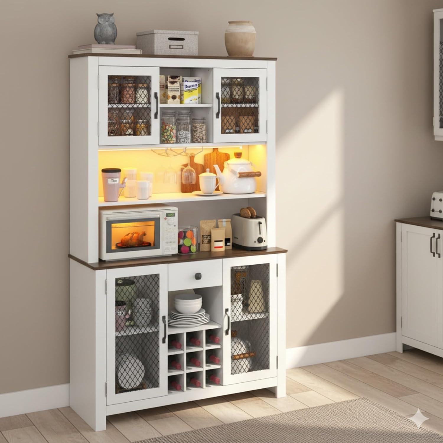 Homy Casa 71" Tall Pantry Cabinet with Hutch 47.1" Wide Buffet Sideboard with Wine Rack Glass Holders Drawer LED Lights and Charging Station for Kitchen Dining Room and Living Room