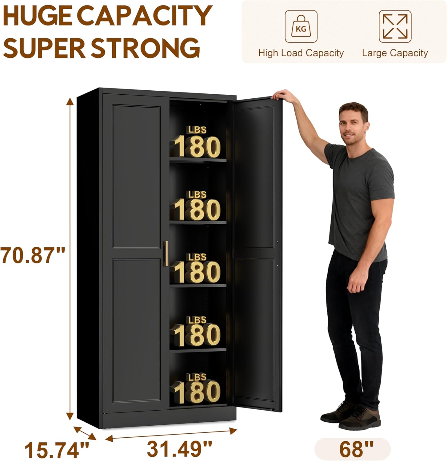 UNICOLY 71" Kitchen Pantry Cabinet, Pantry Storage Cabinet with Doors and 4 Shelves, Metal Storage Cabinets for Kitchens, Living Room, Dinning Room, Assembly Required, Black