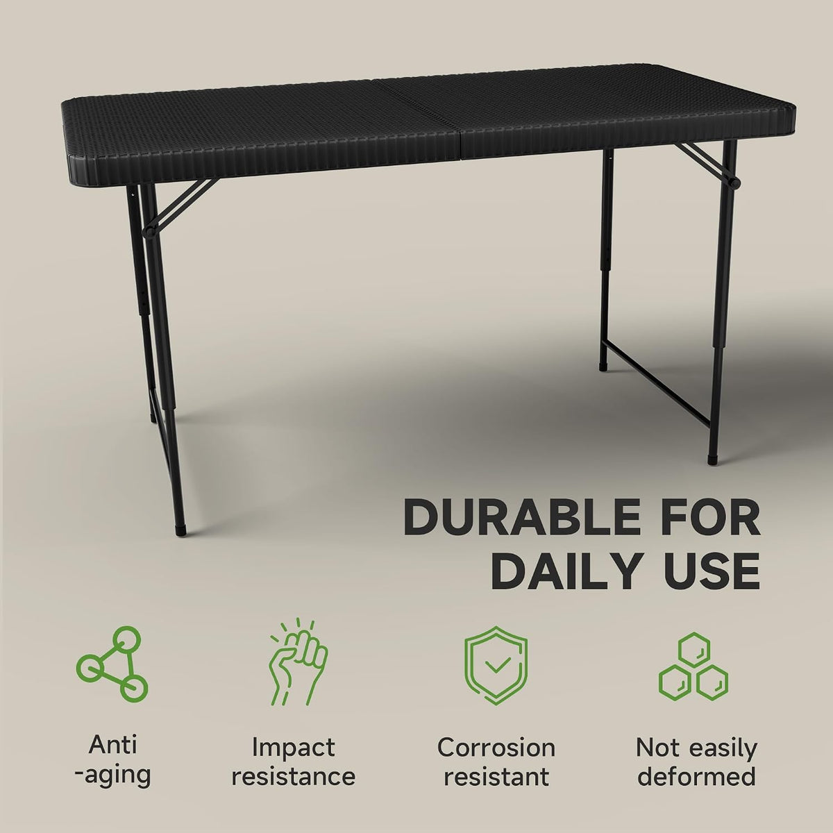 Folding Table 4 Foot - 3 Level Adjustable Height, HDPE Wicker Pattern, Heavy Duty 440LBS Capacity, Portable - for Camping, Party, Indoor & Outdoor Use, 2 Pack