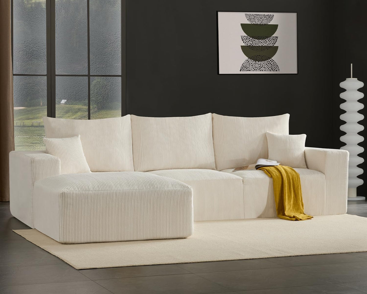Gericco 113" Modular Sectional Couch, Cloud Sofa with Deep Seats, Upholstered Corduroy Square Stuffed Ottoman Pouf, 40 * 40 Inch Furry & Fluffy Movable Foot Stool for Living Room, Beige