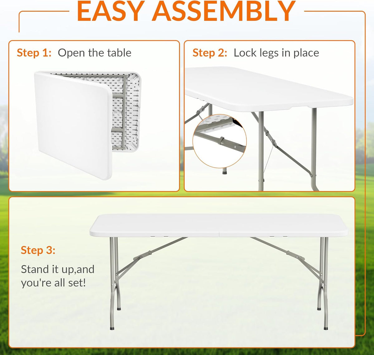 Elevon 6 Feet Heavy Duty Folding Table with Adjustable Height, Fold-in-Half Portable Table for Indoor Outdoor Use - Camping, Picnic, Party, Wedding, Dining, Utility Table