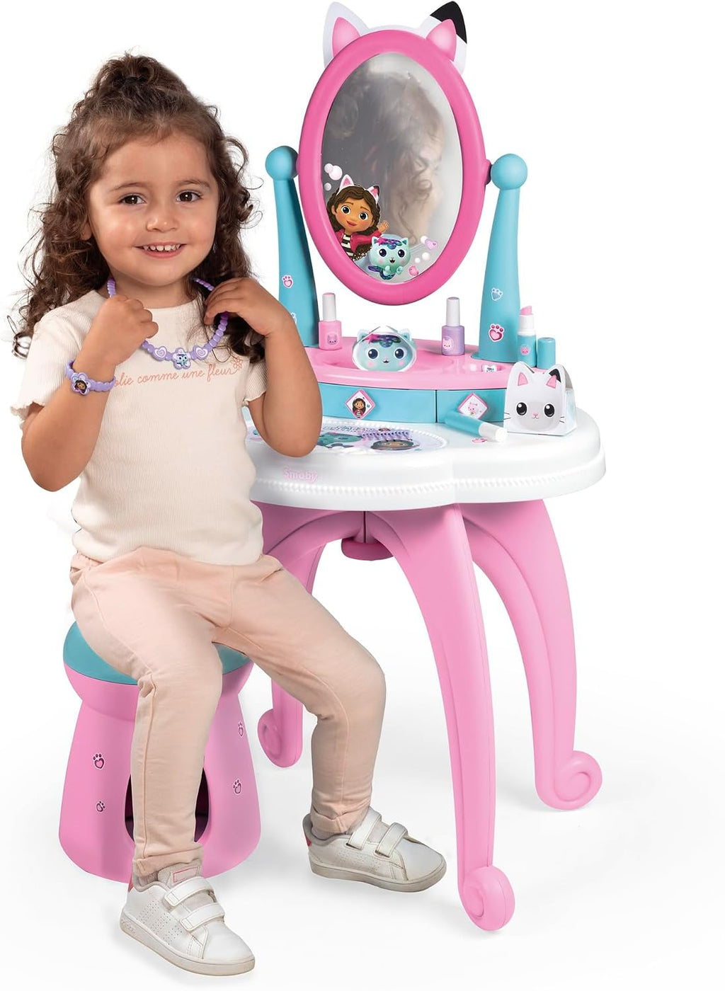 Smoby - Gabby et la Maison Magique - 2-in-1 Dressing Table - Stool + 12 Dummy Accessories Included - Adjustable Mirror - Suitable for Ages 3 and Above - Made in France