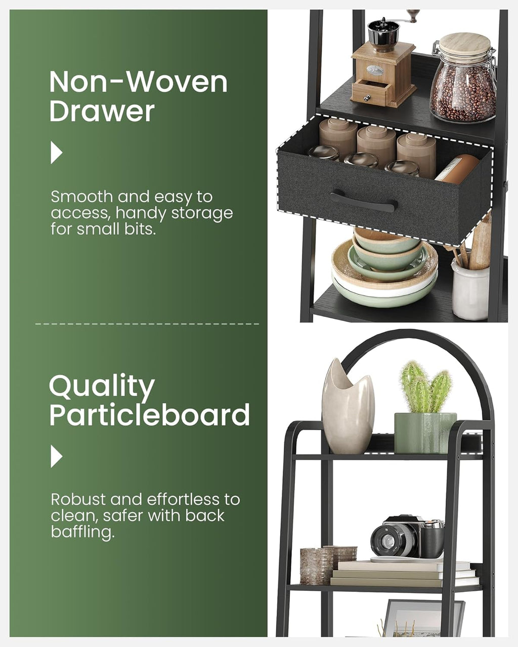 CHOEZON 5 Tier Ladder Shelf with Drawer, Tall Ladder Bookshelf, Standing Bookcase with Metal Frame for Living Room, Bathroom, Home Office, Study, Balcony, Black TCJ07BB