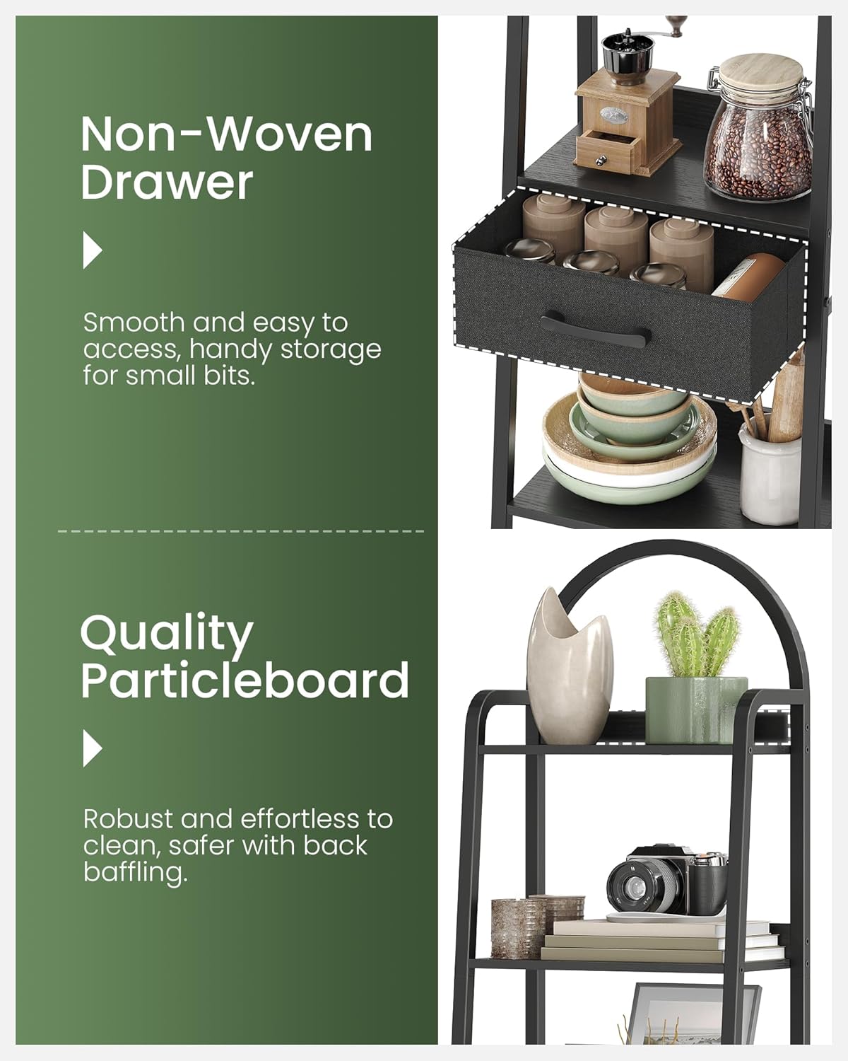 CHOEZON 5 Tier Ladder Shelf with Drawer, Tall Ladder Bookshelf, Standing Bookcase with Metal Frame for Living Room, Bathroom, Home Office, Study, Balcony, Black TCJ07BB