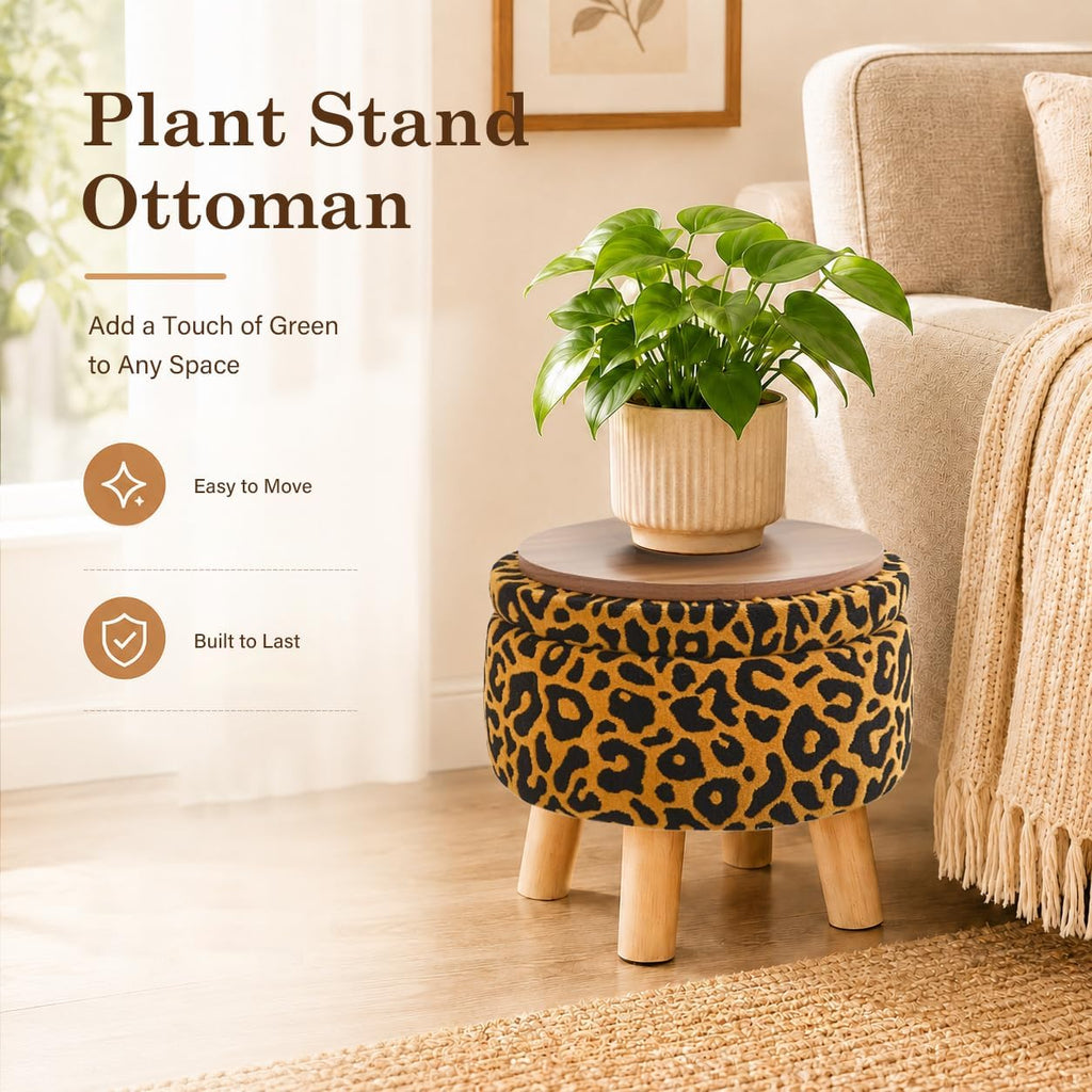 Wimarsbon Storage Ottoman, Modern Round Footrest with Soft Padded Seat, Pattern Velvet Footstool with Wood Legs, Accent Small Table or Plant Stand for Hallway, Living Room (Orange)