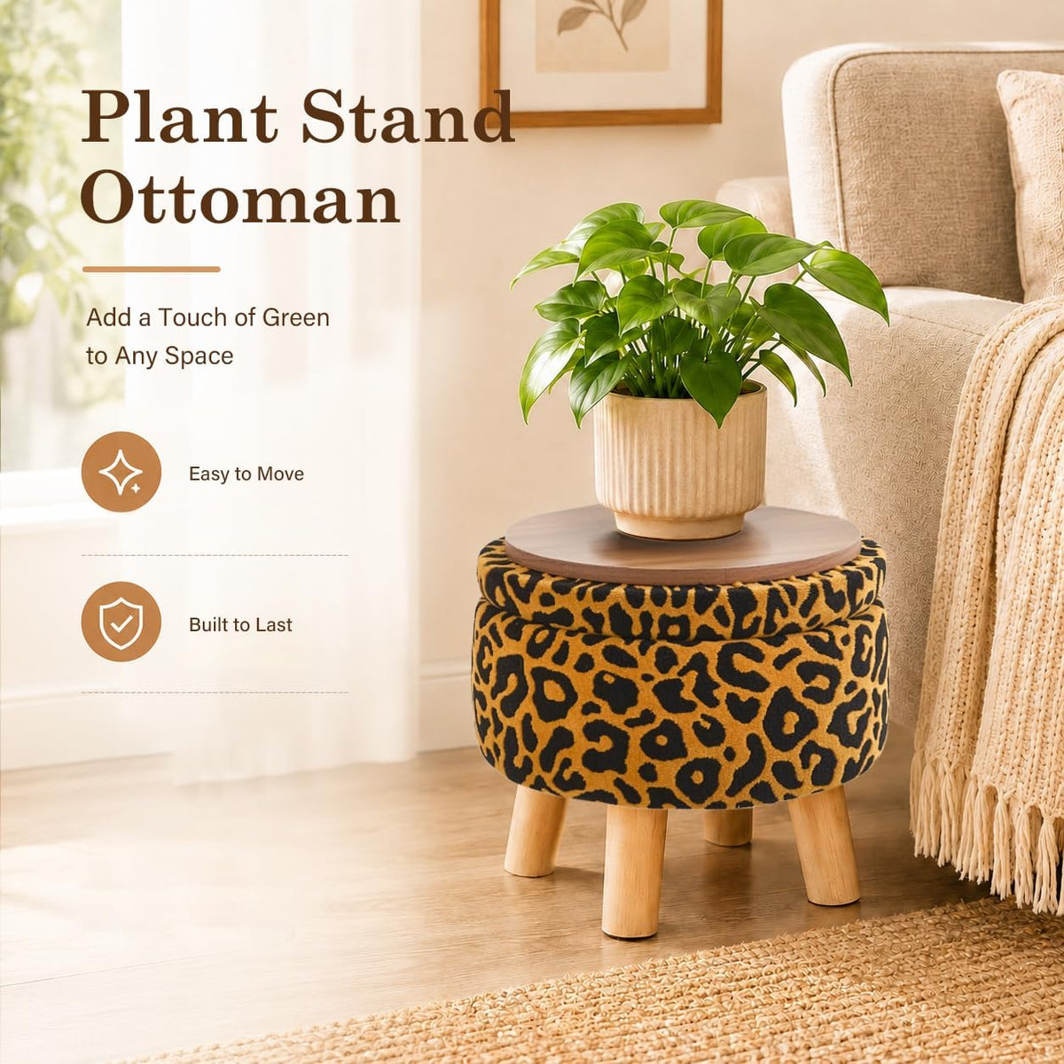 Wimarsbon Storage Ottoman, Modern Round Footrest with Soft Padded Seat, Pattern Velvet Footstool with Wood Legs, Accent Small Table or Plant Stand for Hallway, Living Room (Orange)