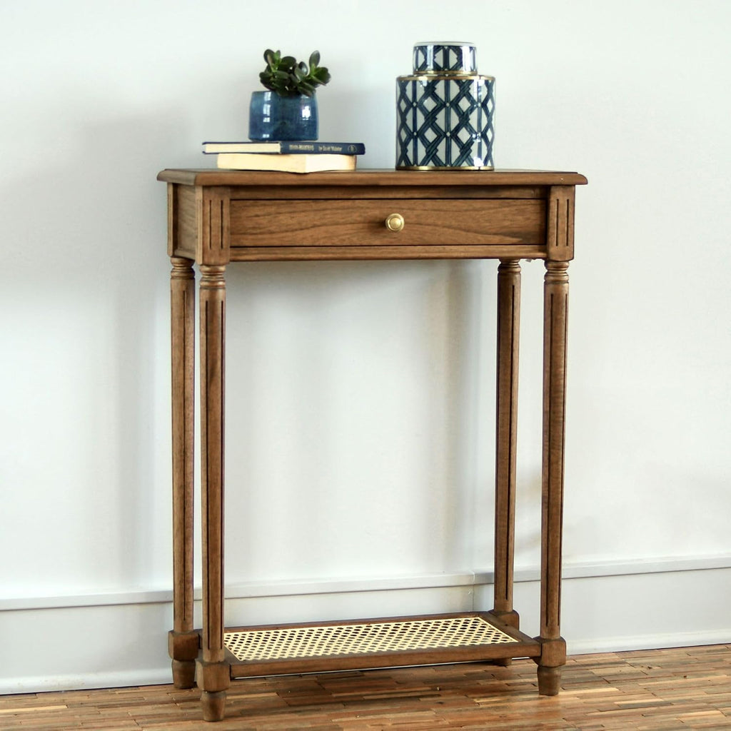 East at Main Lenora Console Table – 23.75” Narrow Entryway Table with Storage & Cane Shelf – Solid Wood Accent Table for Hallways, Foyers, and Small Spaces – French Country & Traditional Style