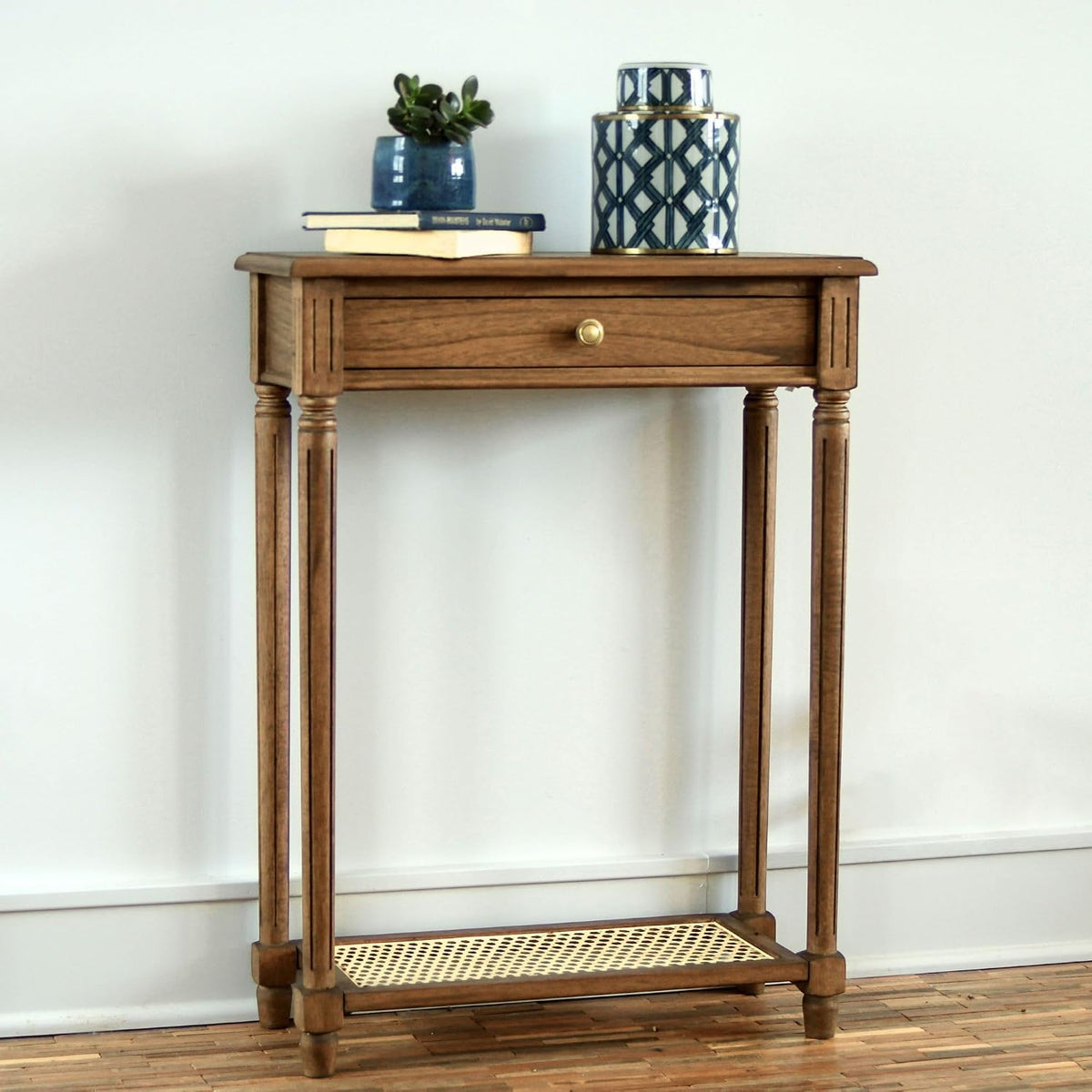 East at Main Lenora Console Table – 23.75” Narrow Entryway Table with Storage & Cane Shelf – Solid Wood Accent Table for Hallways, Foyers, and Small Spaces – French Country & Traditional Style