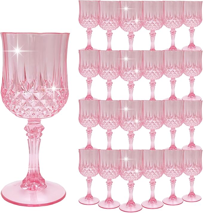 Plastic Wine Glasses，Plastic Goblets Vintage Style Cordial Drinking Glasses for Wedding Reception, Grand Event Party Supplies (24, Pink)