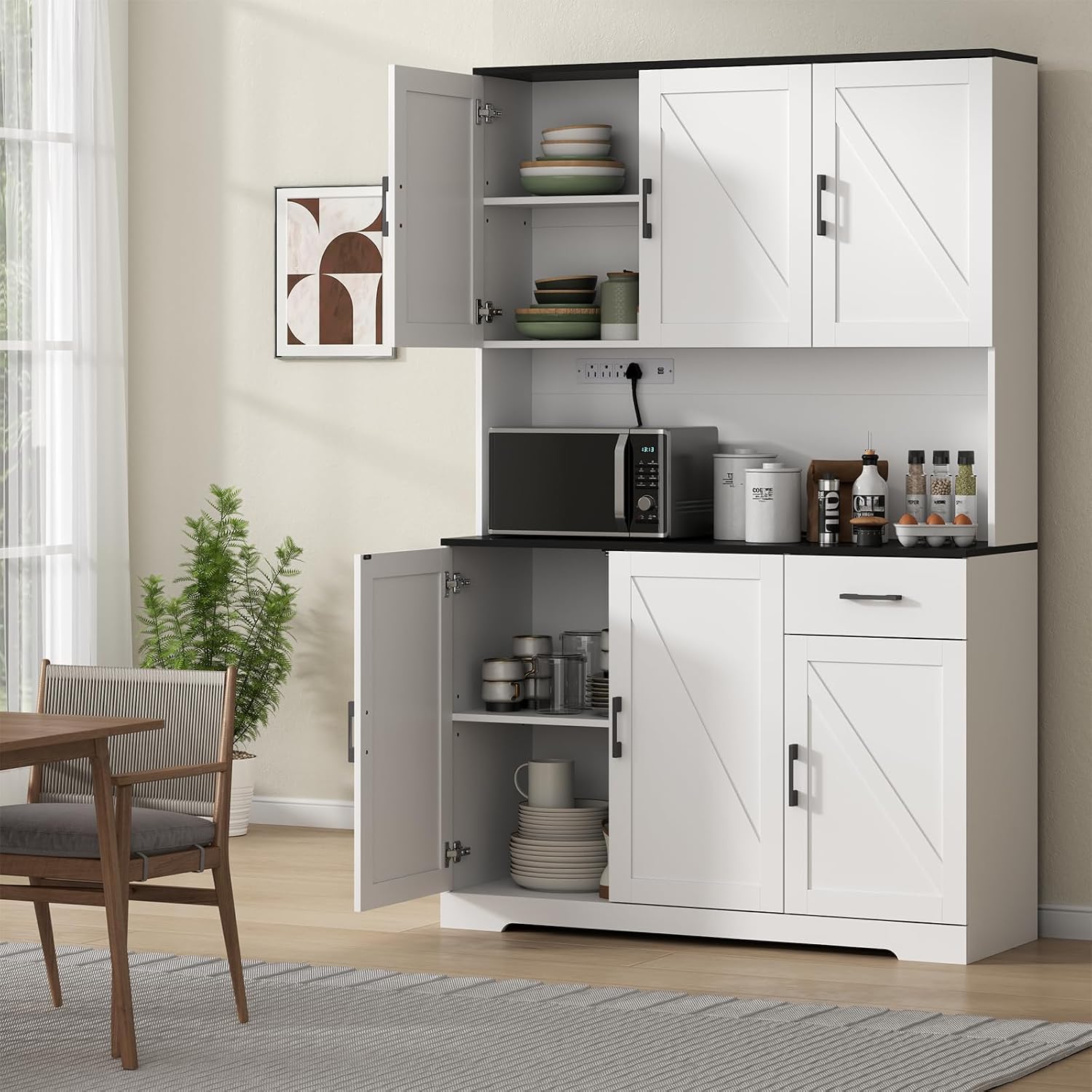71" Tall Kitchen Pantry Storage Cabinet with Charging Station,Farmhouse Buffet Cabinet with Microwave Shelf,Large Kitchen Hutch Cabinet Doors & Drawer,Food Pantry for Dining Room,Living Room (White)