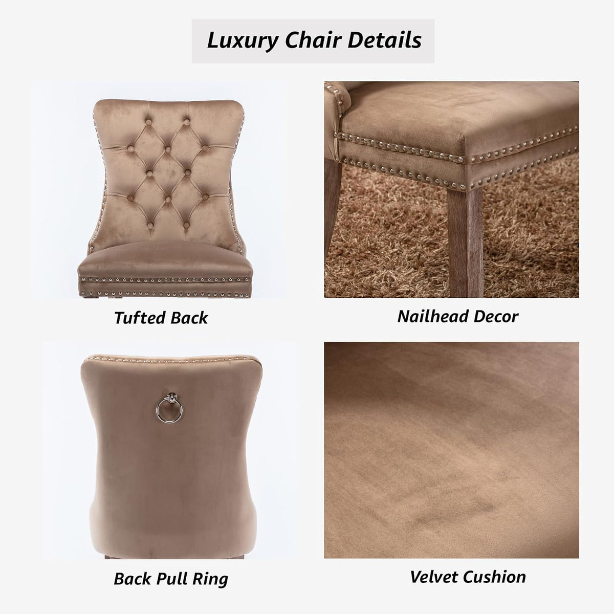Espresso Brown Mid Century Modern Dining Chairs Set of 6, Velvet Upholstered Kitchen & Dining Room Chairs with Nailhead Trim & Solid Wood Legs, Elegant Sillas De Comedor (Coffee, 6 Pcs)