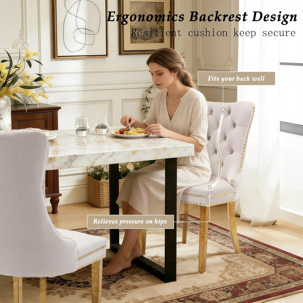 Velvet Dining Chair Set of 2,Upholstered Tufted Dining Room Chair with Nailhead Trim and Stainless Steel Gold Leg for Kitchen,Beige
