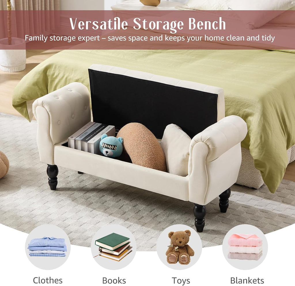 47.6" Storage Bench for End of Bed Bedroom, Velvet Ottoman Bench with Arms and Wood Legs, Upholstered Tufted Button Entryway Bench with Storage, Window Sitting Bench for Living Room, Cream