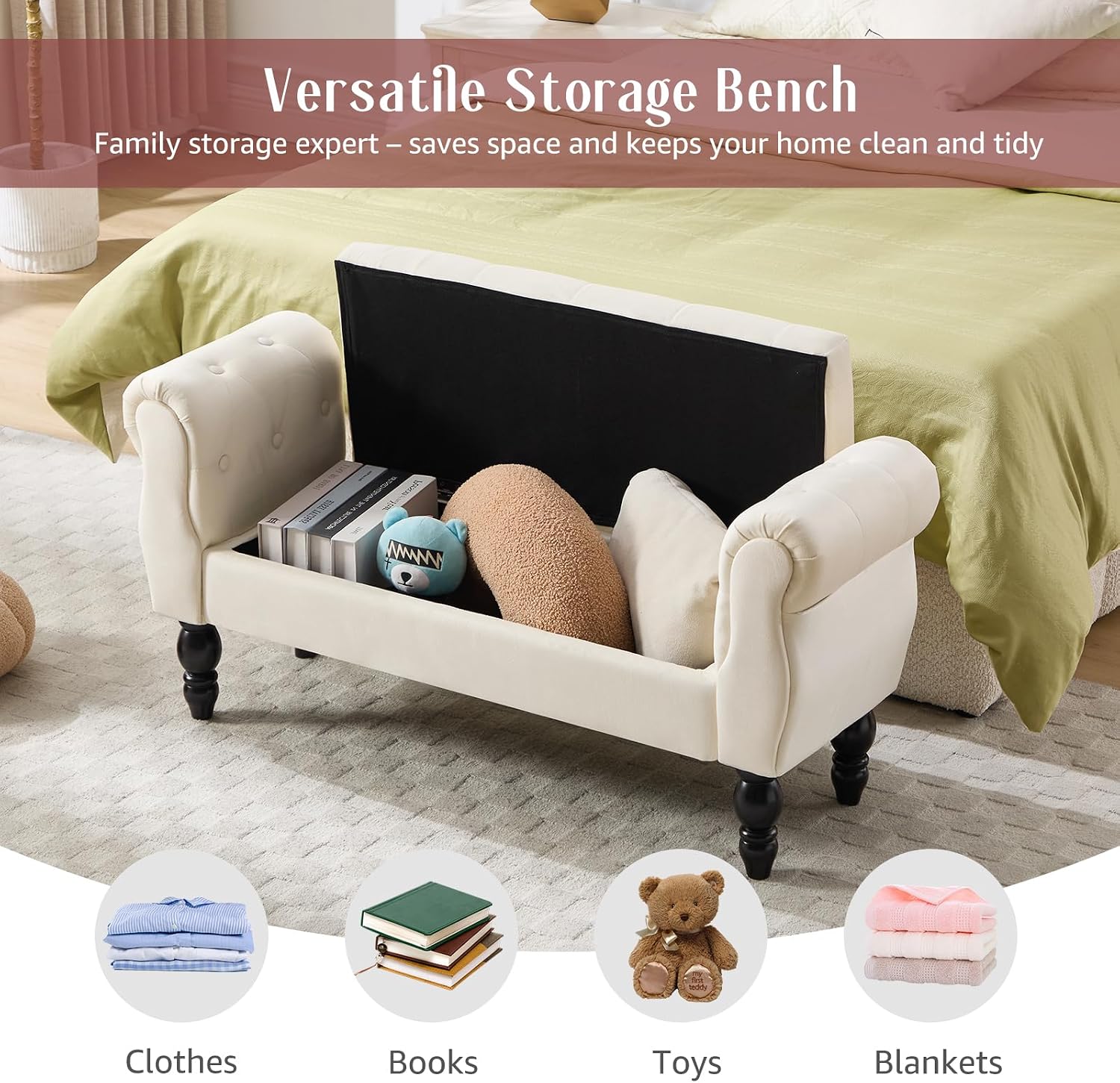 47.6" Storage Bench for End of Bed Bedroom, Velvet Ottoman Bench with Arms and Wood Legs, Upholstered Tufted Button Entryway Bench with Storage, Window Sitting Bench for Living Room, Cream