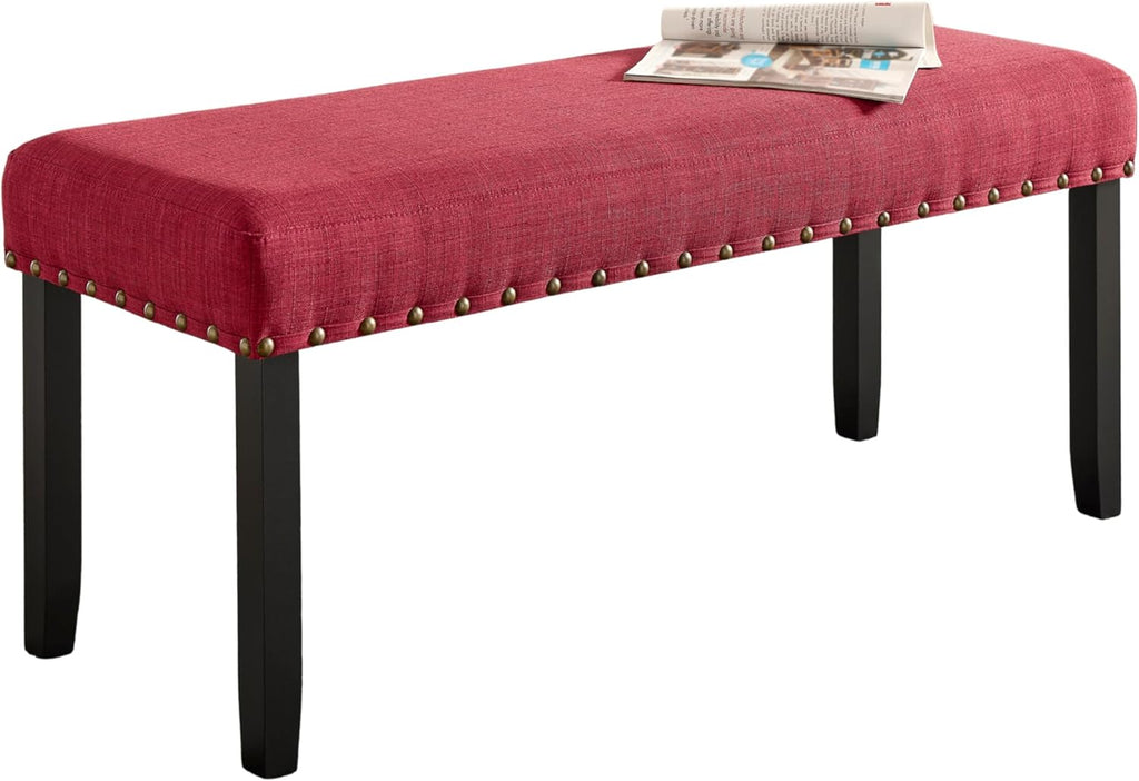 Roundhill Furniture Biony Fabric Dining Bench with Nailhead Trim, Red