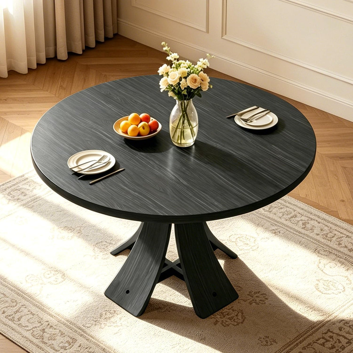 43.3" Round Dining Table for 4-6 People, Farmhouse Kitchen Table for 4-6, Mid Century Modern Circle Dining Table with Curved Solid Wood Frame for Kitchen Dining Room, Black