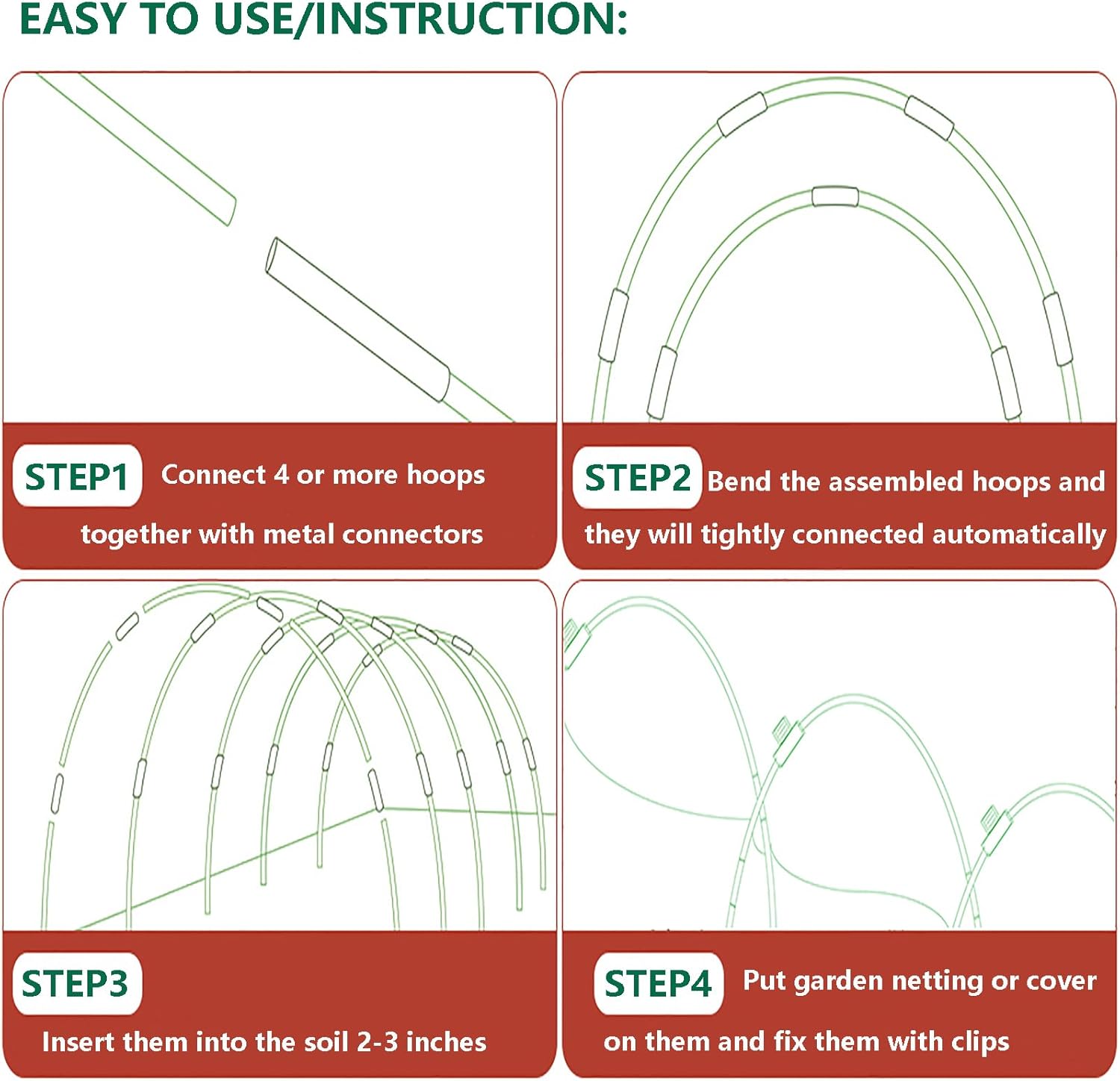 Garden Hoops for Raised Beds, 36pcs Greenhouse Hoops Grow Tunnel, 8ft Rust-Proof Fiberglass Frame for Garden Netting, Row Cover, Protecting Outdoor Plants