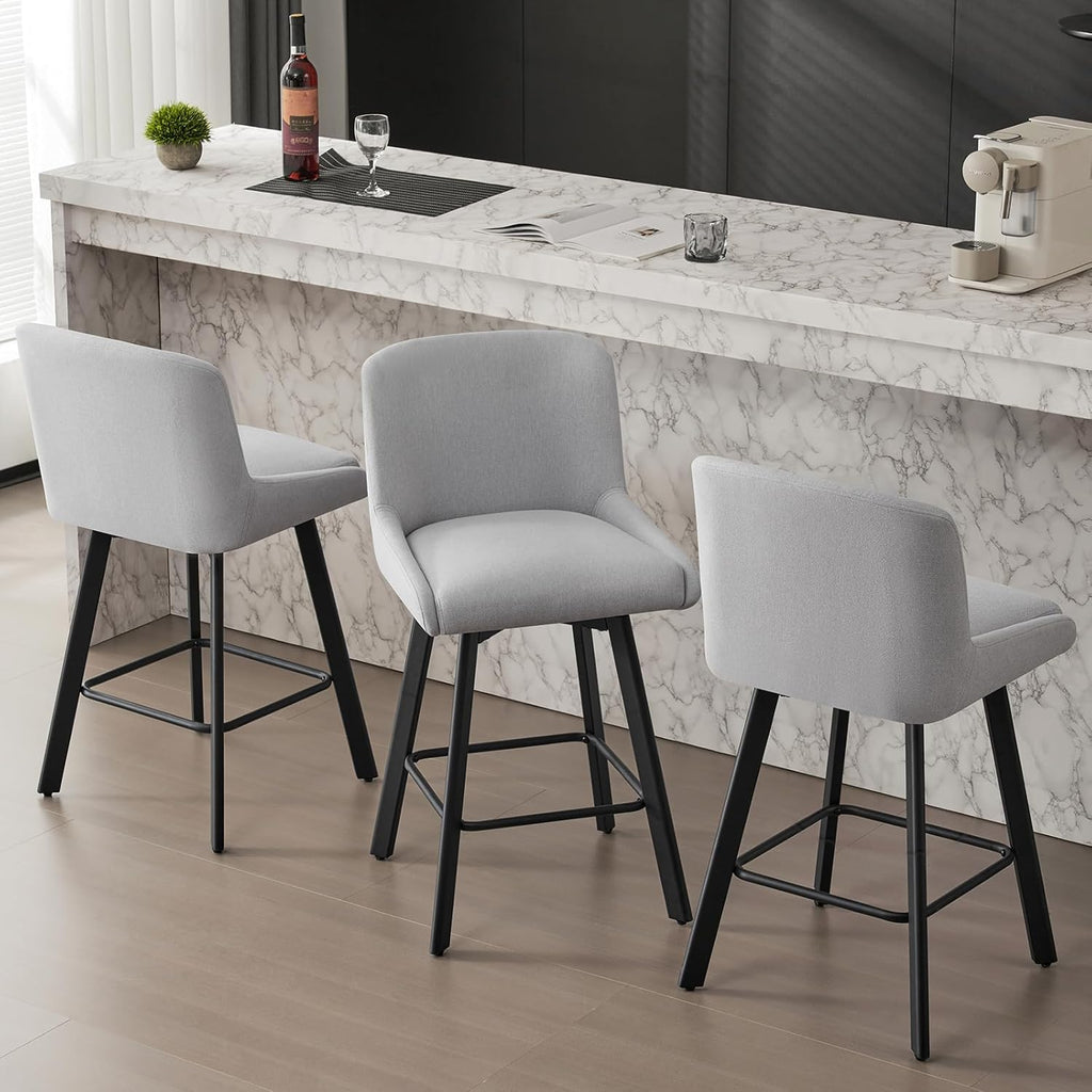 SAECKBERG Swivel Bar Stools Set of 3, 26''H Upholstered Barstools with Backs, Modern Counter Height Bar Stool Chairs for Kitchen Island, Metal Legs, Light Gray Fabric Counter Stools