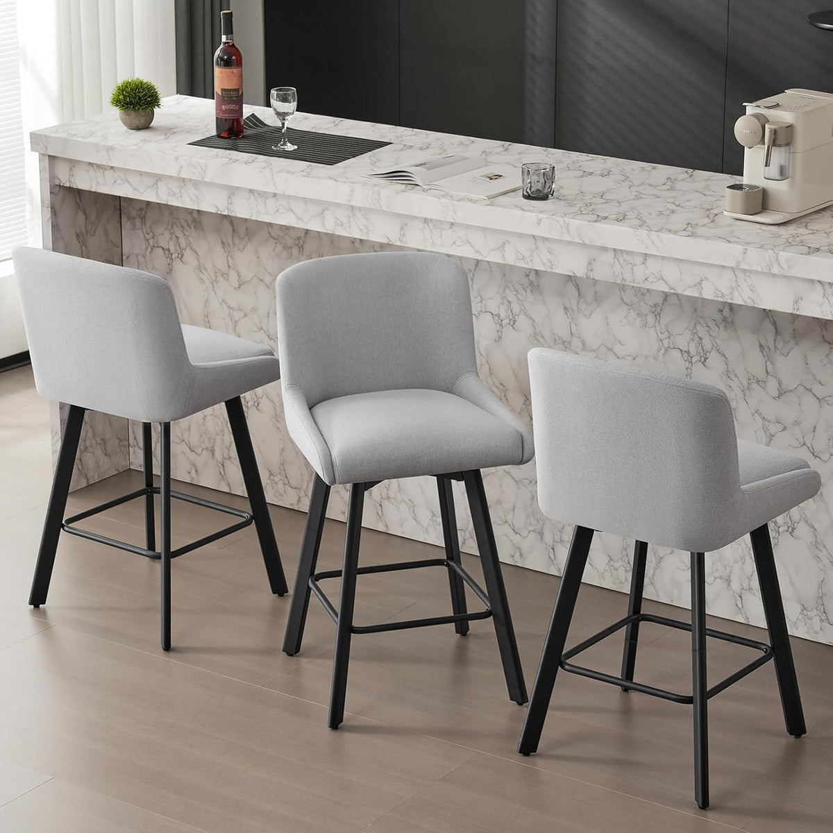 SAECKBERG Swivel Bar Stools Set of 3, 26''H Upholstered Barstools with Backs, Modern Counter Height Bar Stool Chairs for Kitchen Island, Metal Legs, Light Gray Fabric Counter Stools