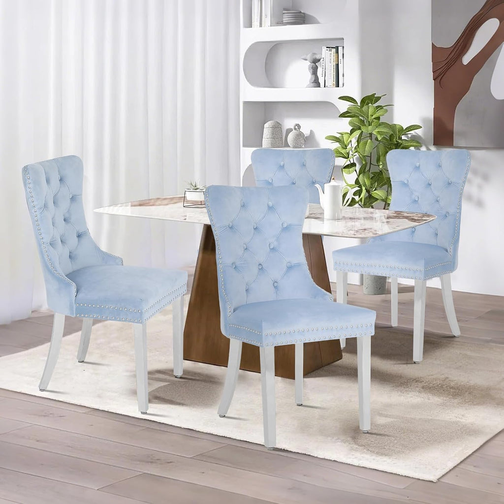 Velvet Dining Chairs Set of 4,Upholstered Dining Room Chairs with Stainless Steel Legs,Modern Luxury Kitchen Accent Chair with Button Tufted High Back,Pull Ring,Nailhead Trim,Light Blue