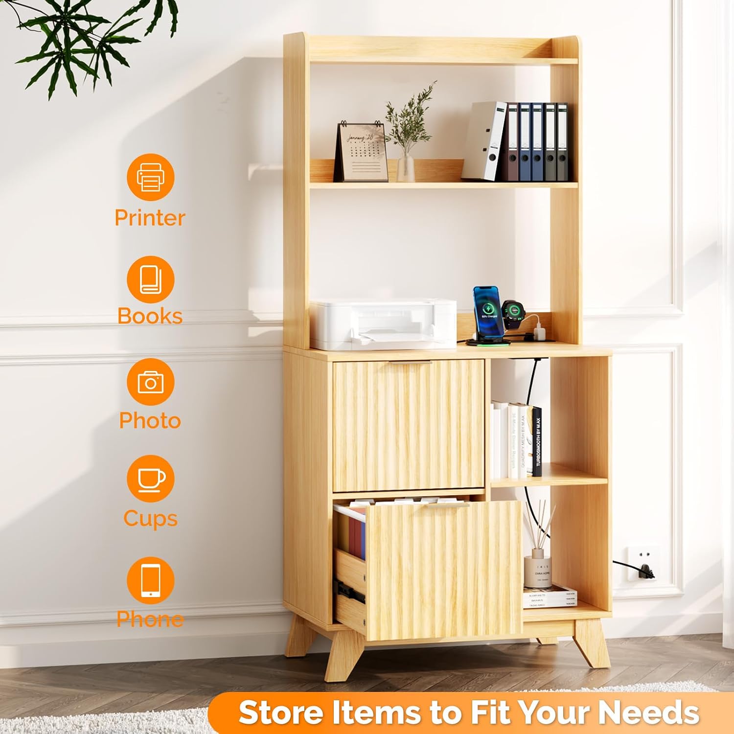VINGLI Tall 2 Drawer File Cabinet with Adjustable Shelves, Home Office Filing Organizer for Letter Size File Folder Storage, Fluted Design, Wood Filing Cabinet with Socket, Printer Stand (Oak)