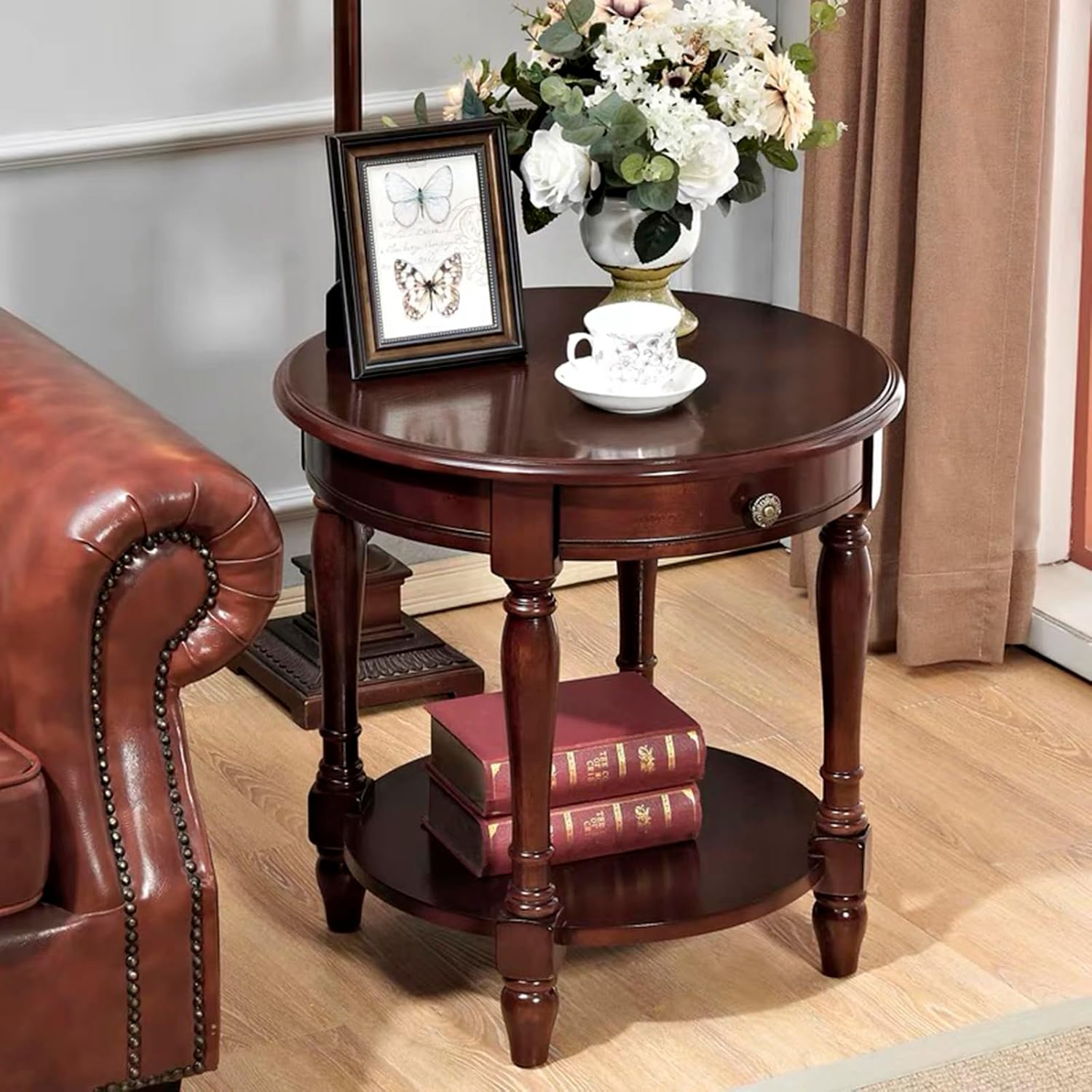 YUNMUAIR-Solid Wood End Table,Round Side Table with Drawers,Vintage Nightstand,Sofa Side Tables with Storage Shelf,Traditional Retro End Tables for Small Spaces,Living Room,Bedroom,Dark Brown