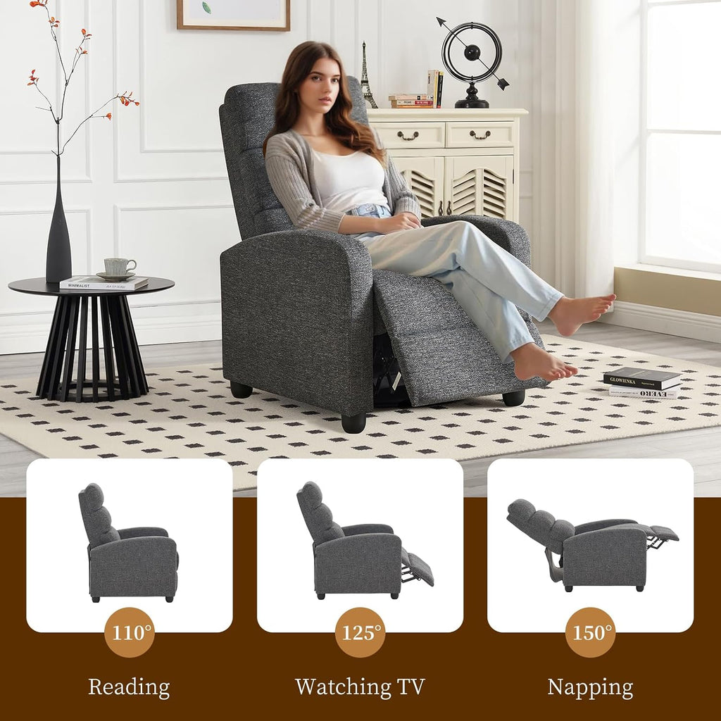 Furnimart Small Manual Recliner Chair for Compact Spaces, Overstuffed Chenille, Chunky Cushion, Comfortable Single Sofa Recliner for Adults, Ideal for Living Room, Bedroom, Home Theater, Gray
