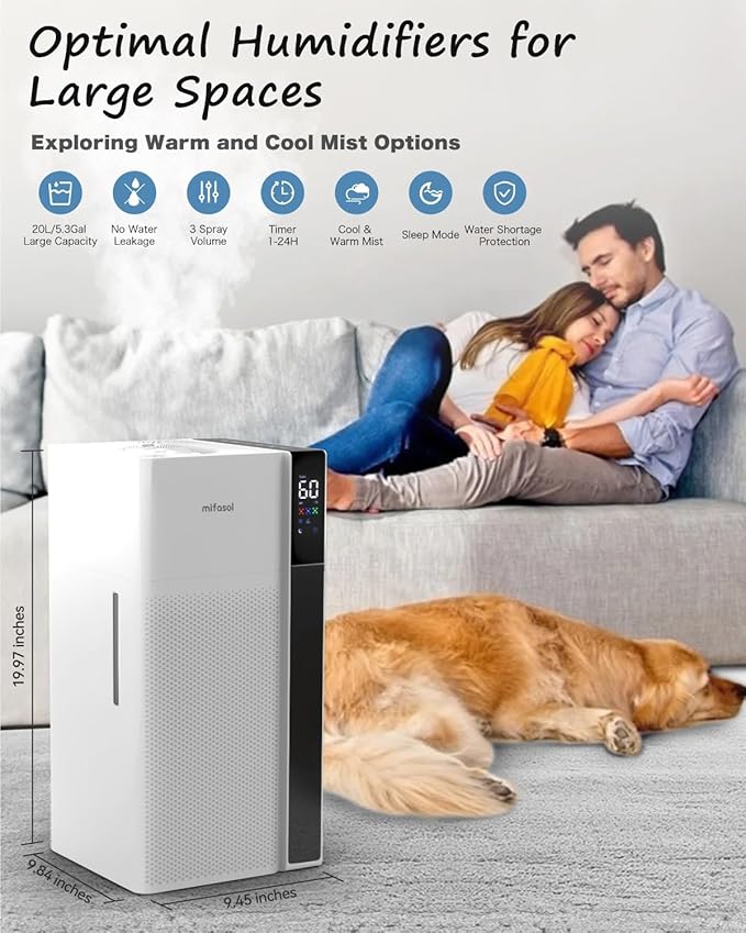 Mifasol Humidifier Large Room Warm and Cool Mist, 5.3Gal/20L Humidifiers for Home 1500 sq ft, Double Nozzles Whole House Humidifier, Humidifiers for Bedroom Plants Office Commercial Large Areas, White