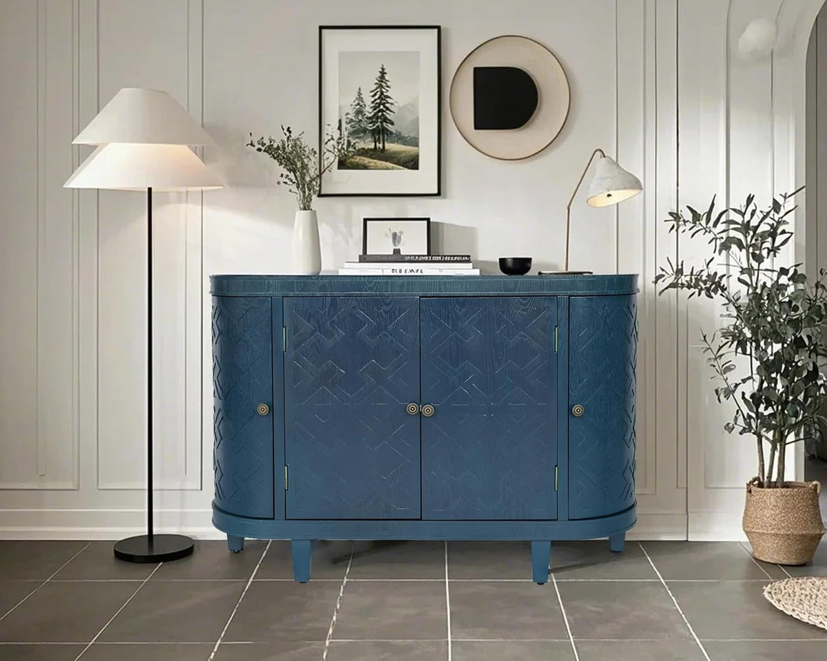 LKTART 47'' Buffet Sideboard Cabinet with Storage,Modern Curved Accent Accent Storage Cabinet Solid Wood Veneer for Living Room Kitchen Hallway(Blue)