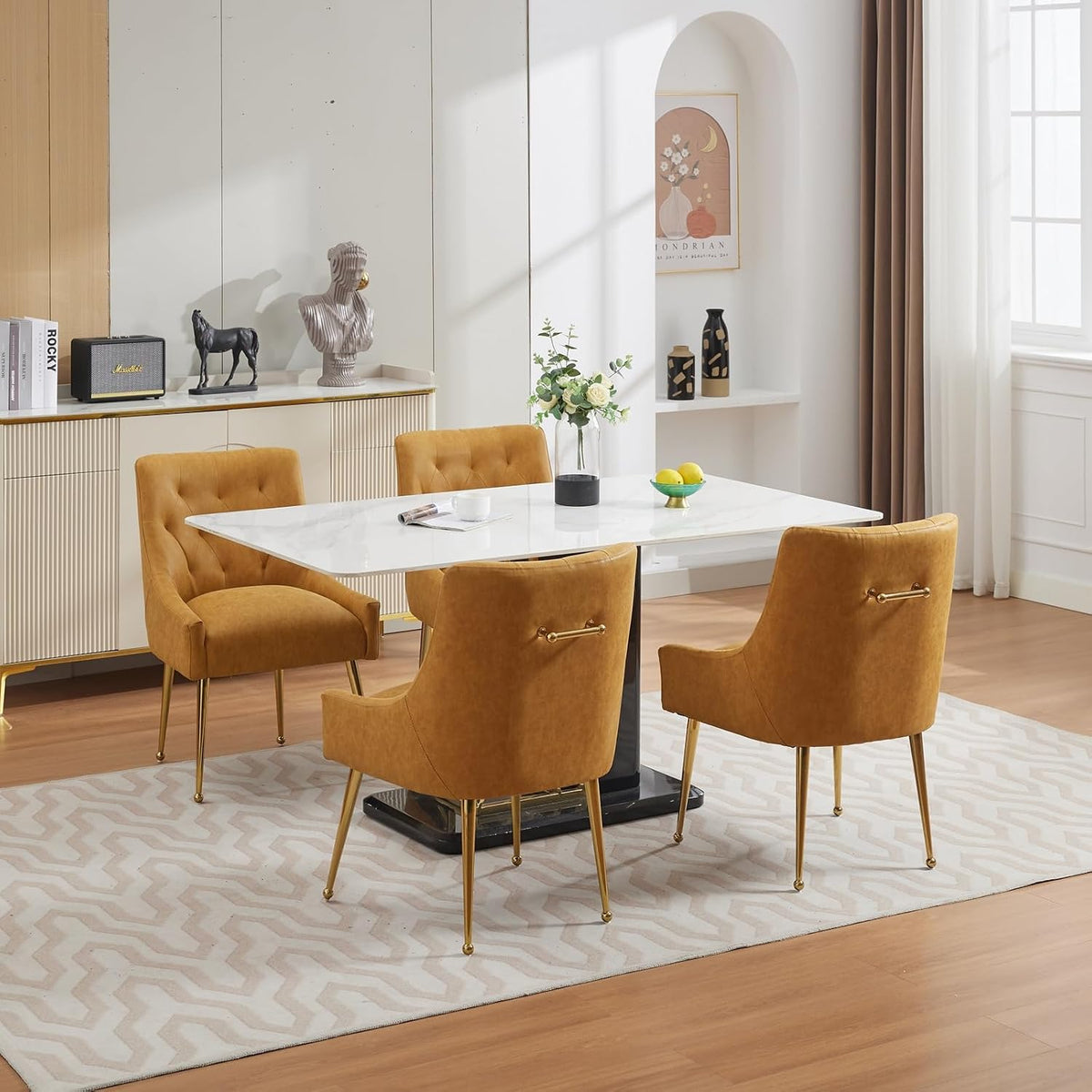 Dining Chairs Set of 4, Gold Leg Side Chair Faux Leather Vanity Mid-Century with Metal Legs Upholstered PU Leather Luxury Accent Chairs Living Room Restaurant