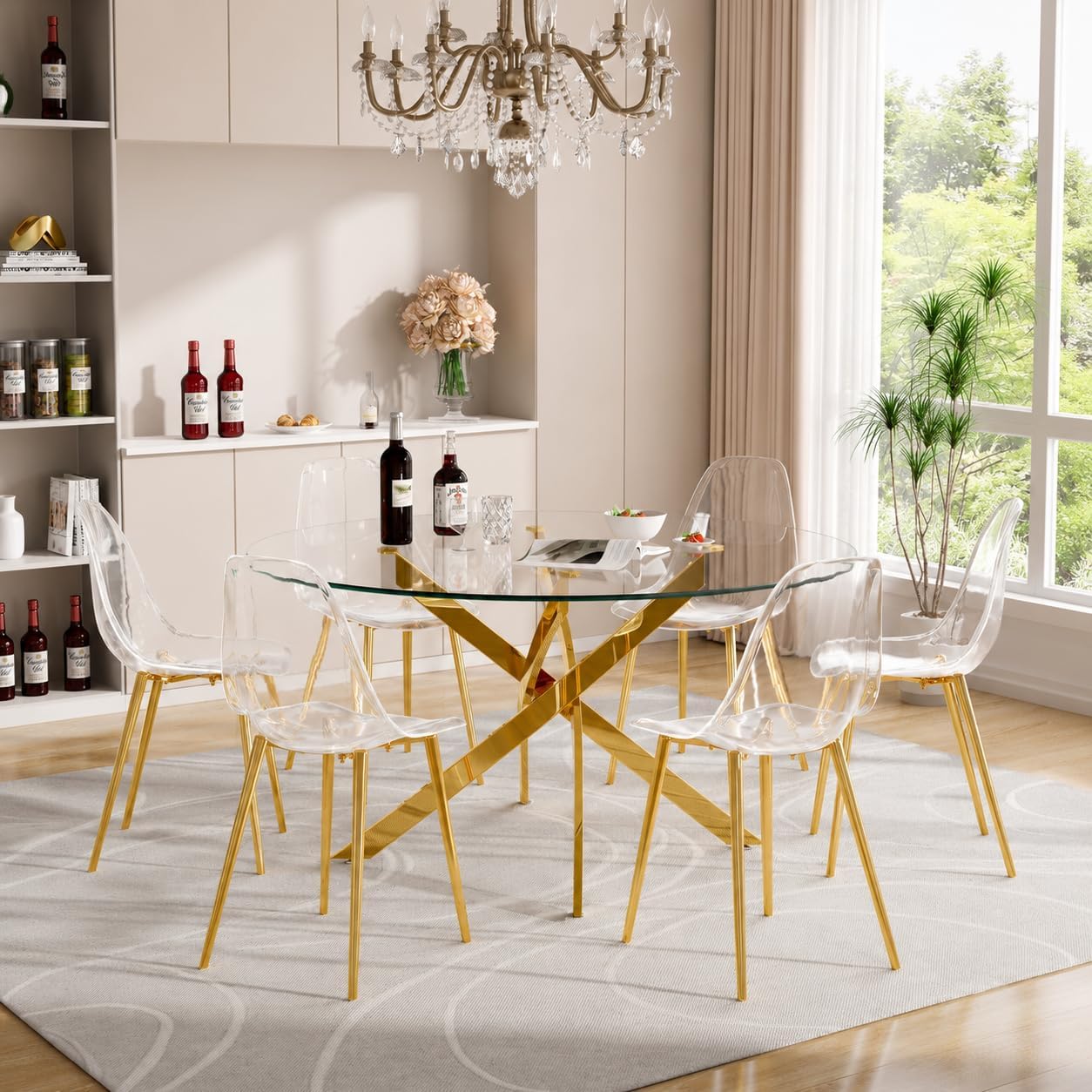 JUFU Acrylic Dining Chairs Set of 6, Modern Clear Chairs with Transparent Seat, Ergonomic Acrylic Side Chairs with Gold Metal Legs for Dining Room, Kitchen, Living Room