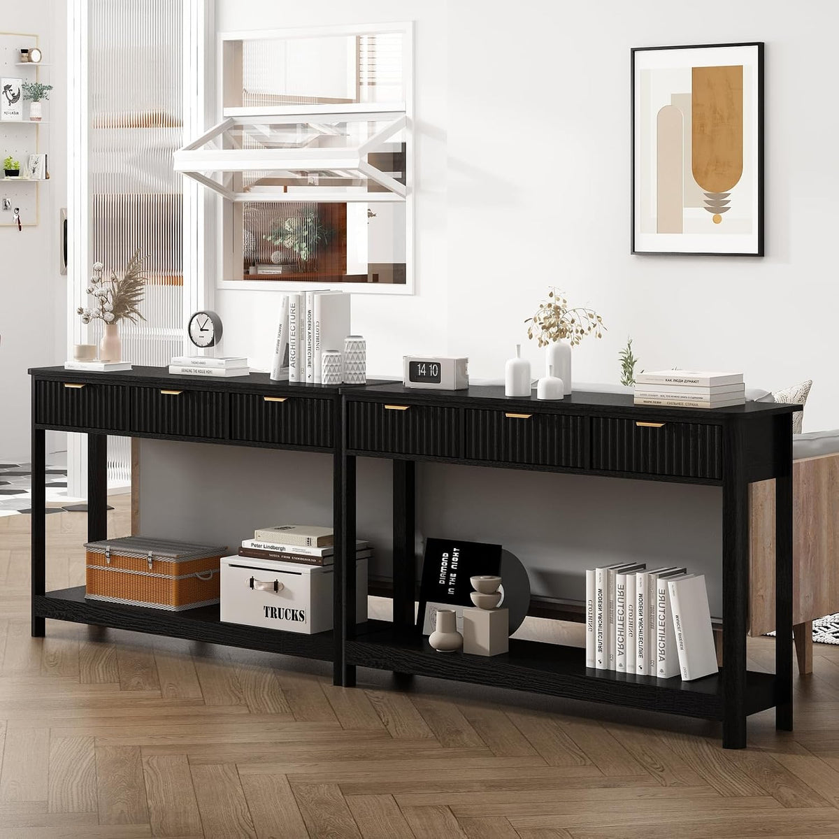 HOKYHOKY Fluted Console Table with Drawers, Modern 47.1" Entryway Table with Storage Shelf, Boho Narrow Skinny Behind Couch Wood Sofa Table for Living Room Hallway Entrance Foyer, Black