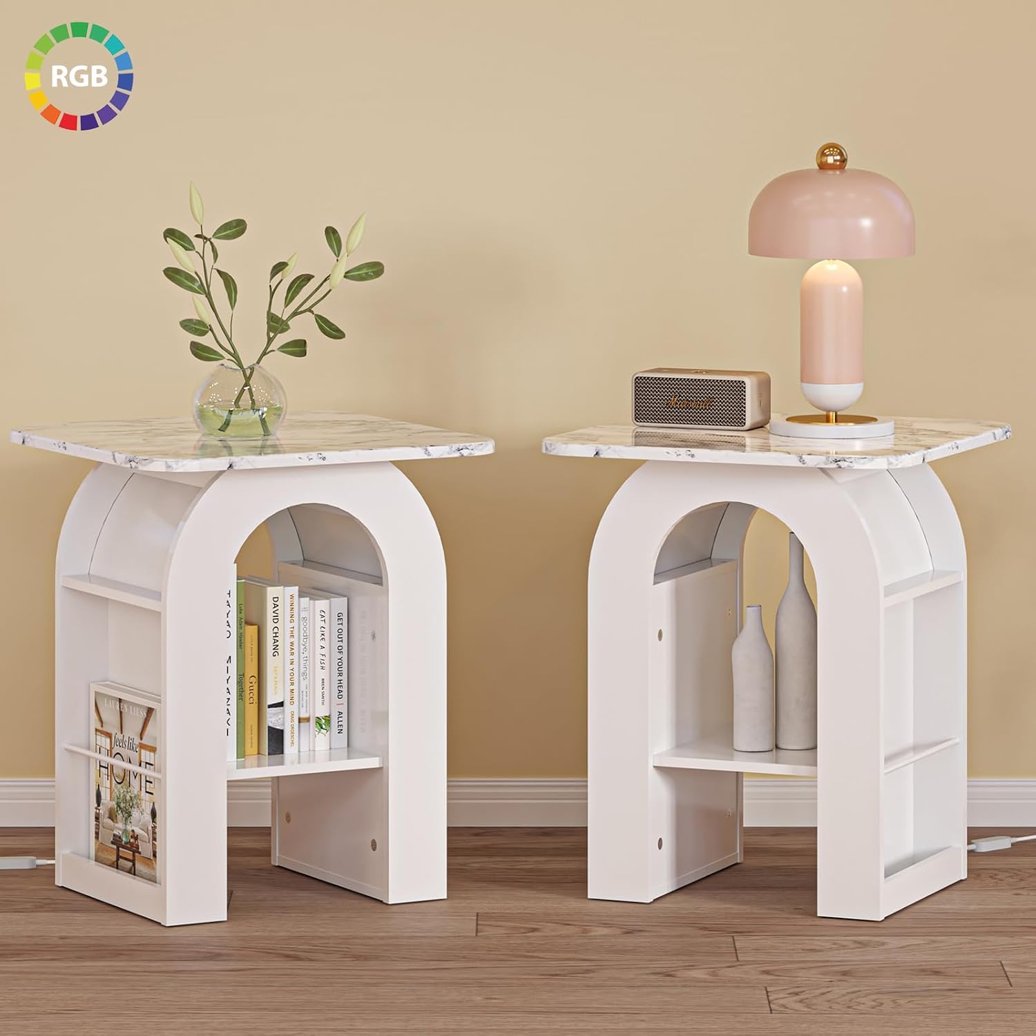 Small End Tables Living Room Set of 2 for Small Spaces,19" Marble Top Nightstand with RGB Strip, Side Table with Storage Shelf